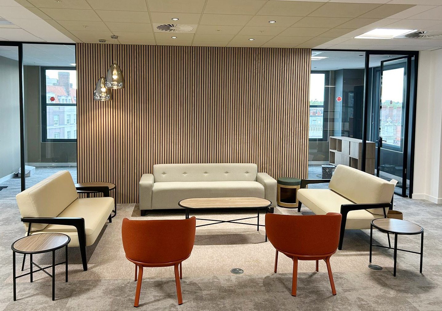 MEP Fitout Office Space Hammersmith, Luxury Office Seating with Ambient Lighting.